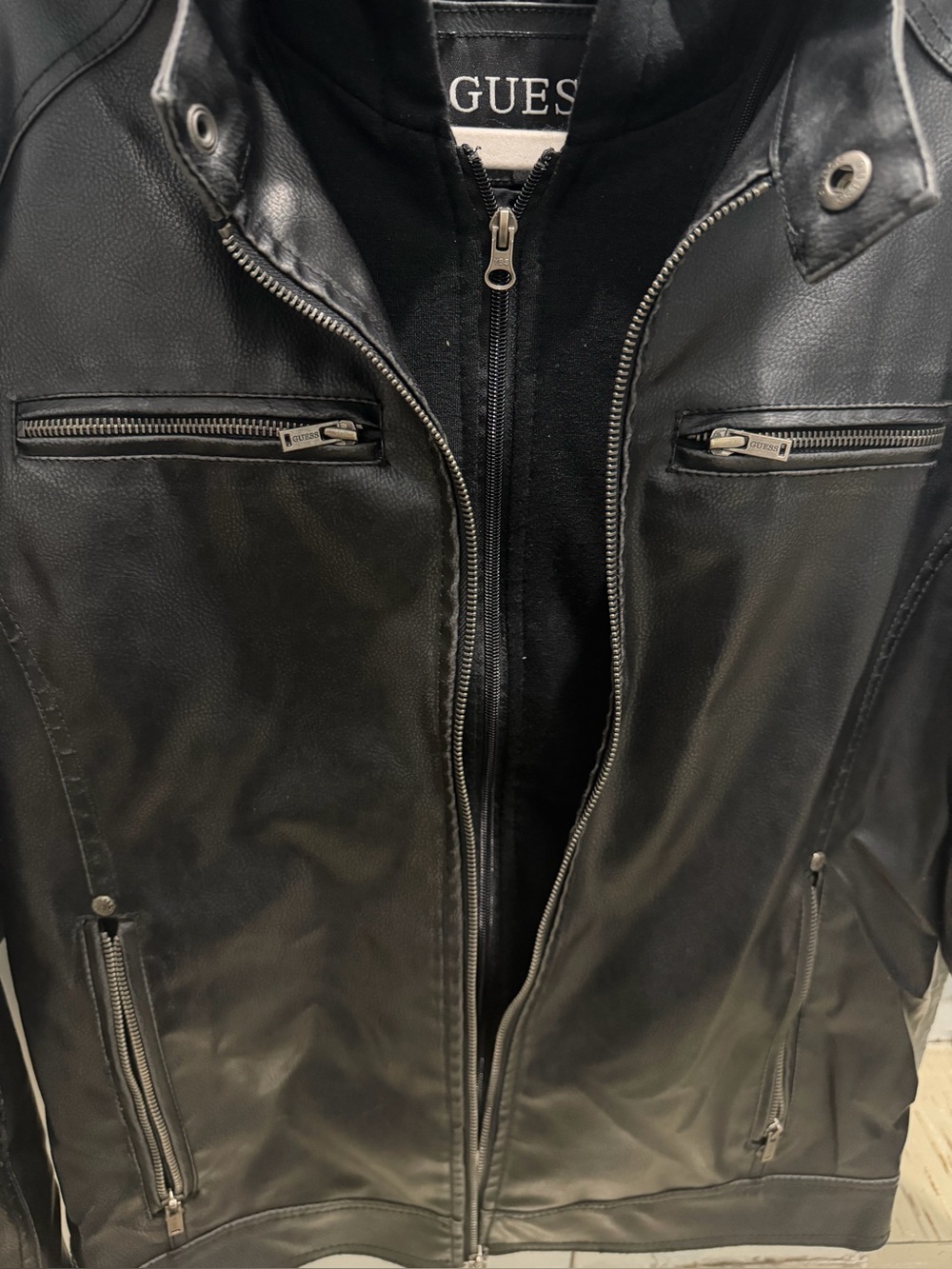 GUESS Black Leather Bomber Jacket with Zip Pockets